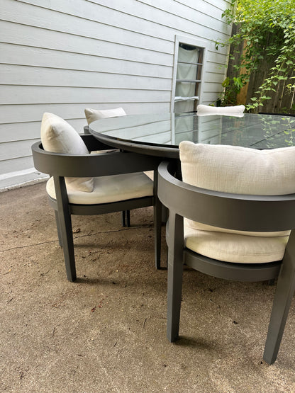 RH Balmain Outdoor Dining Set Round Table Six Chairs Custom Glass Top Restoration Hardware