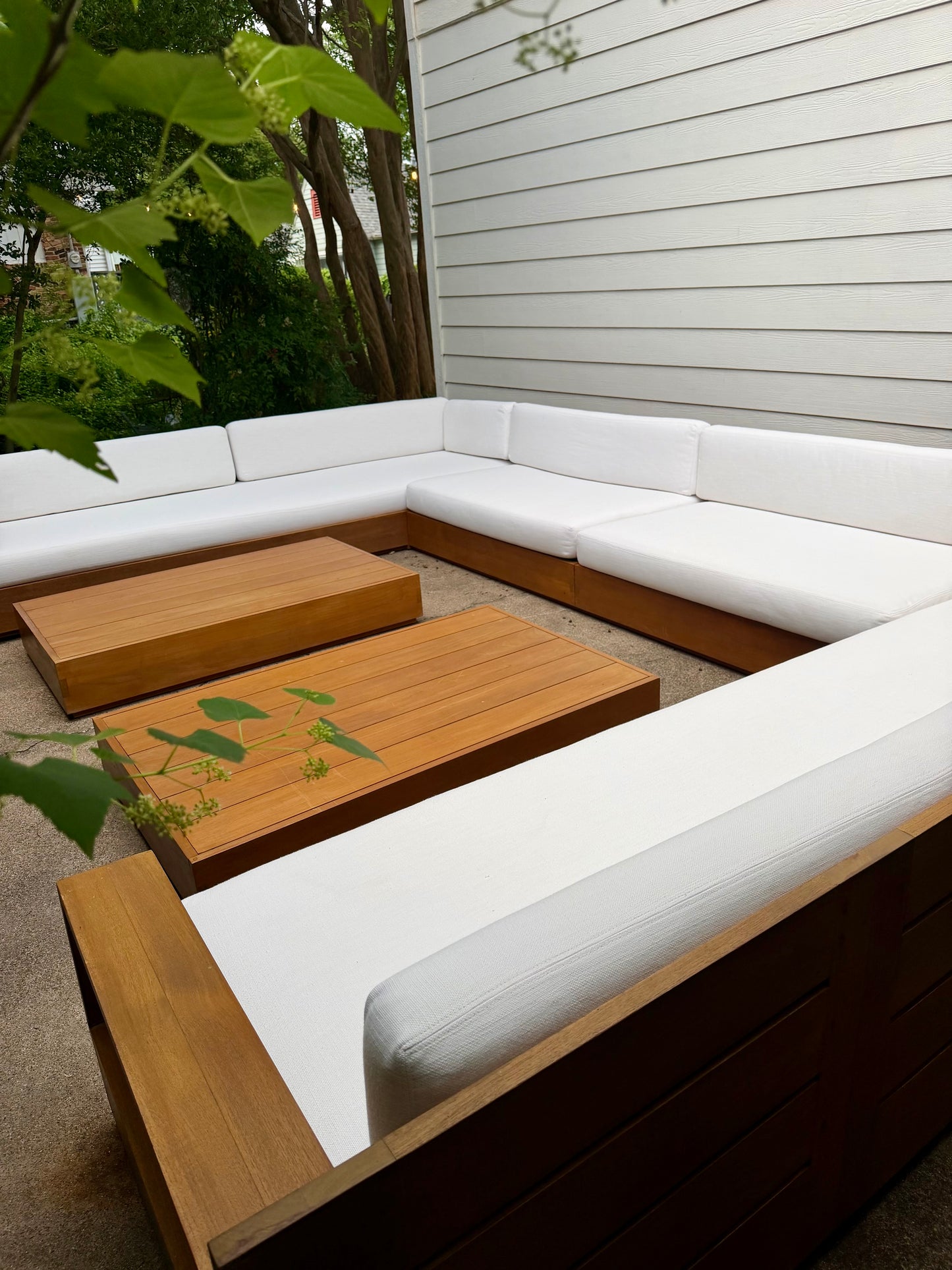 RH Marbella Teak U-Shape Outdoor Sectional with Coffee Tables White Linen Restoration Hardware