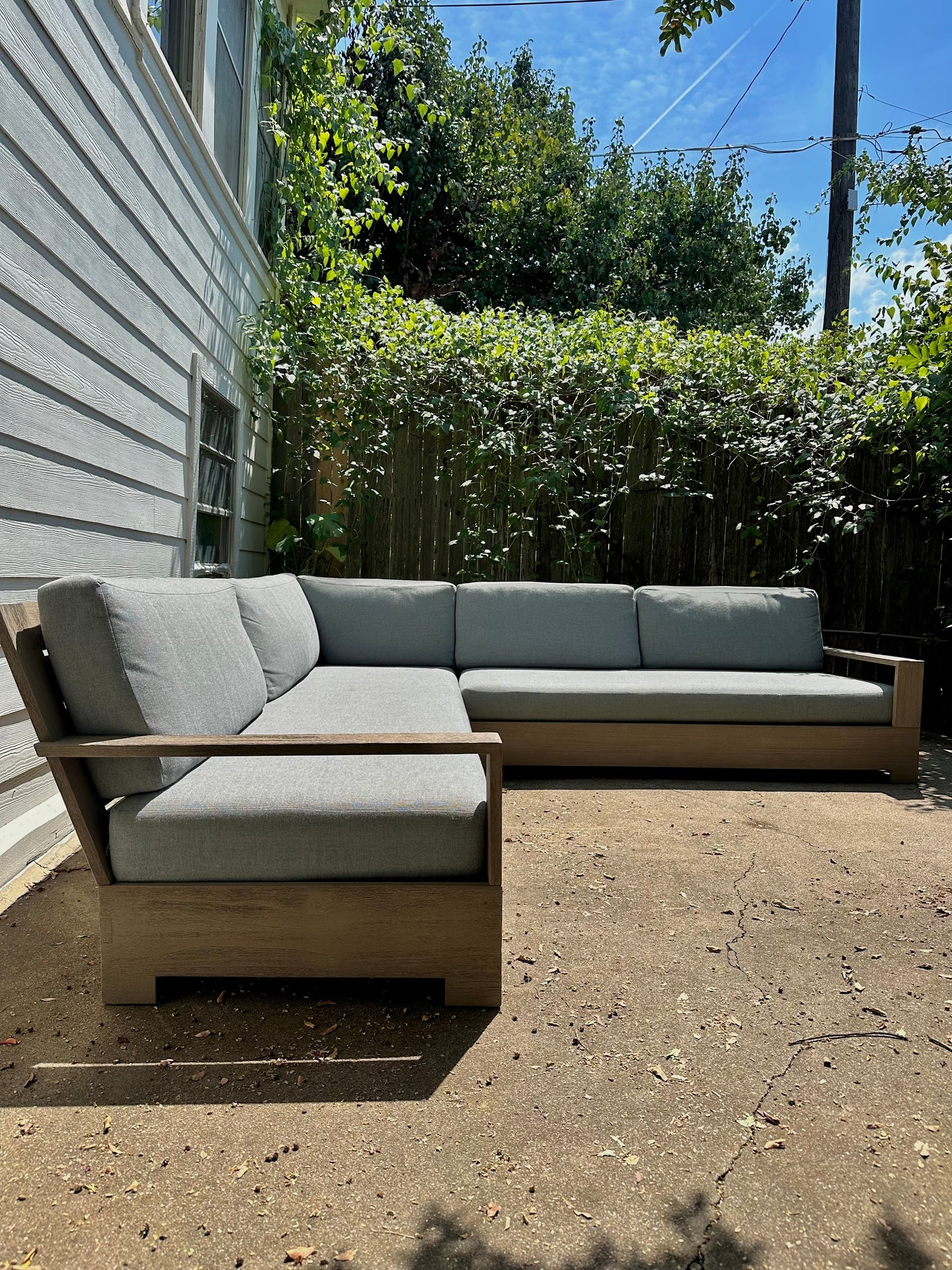 RH Belvedere Outdoor Sectional Gray Performance Fabric Weathered Teak Restoration Hardware