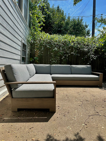 RH Belvedere Outdoor Sectional Gray Performance Fabric Weathered Teak Restoration Hardware