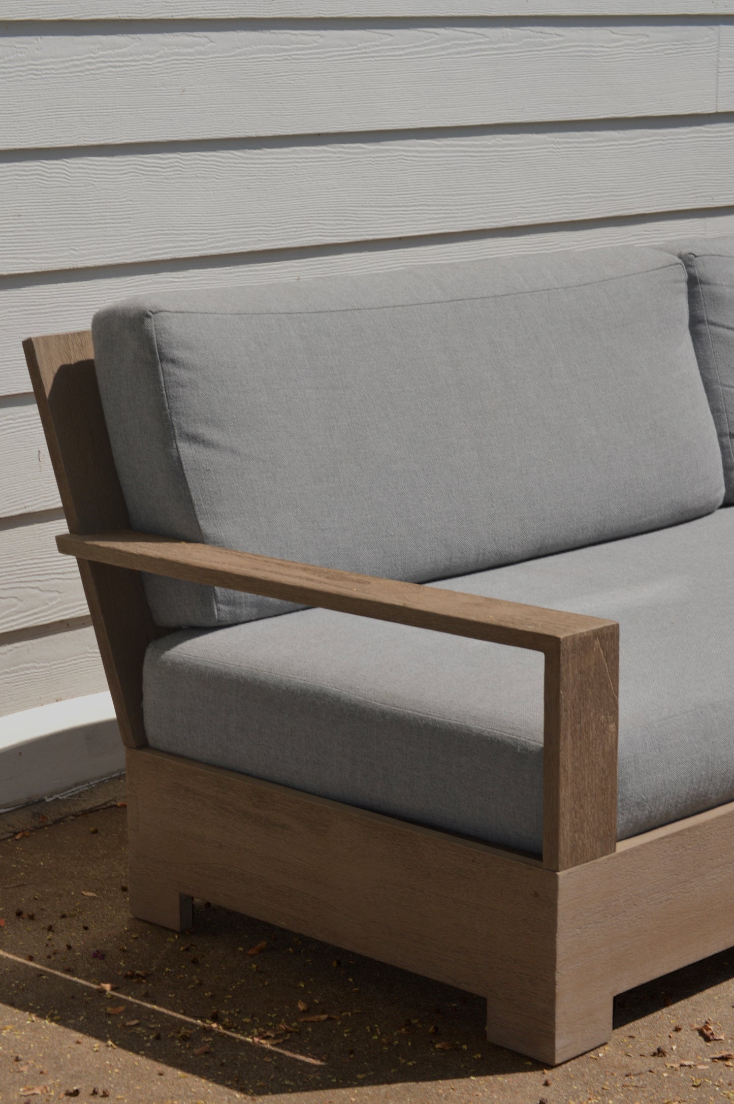RH Belvedere Outdoor Sectional Gray Performance Fabric Weathered Teak Restoration Hardware