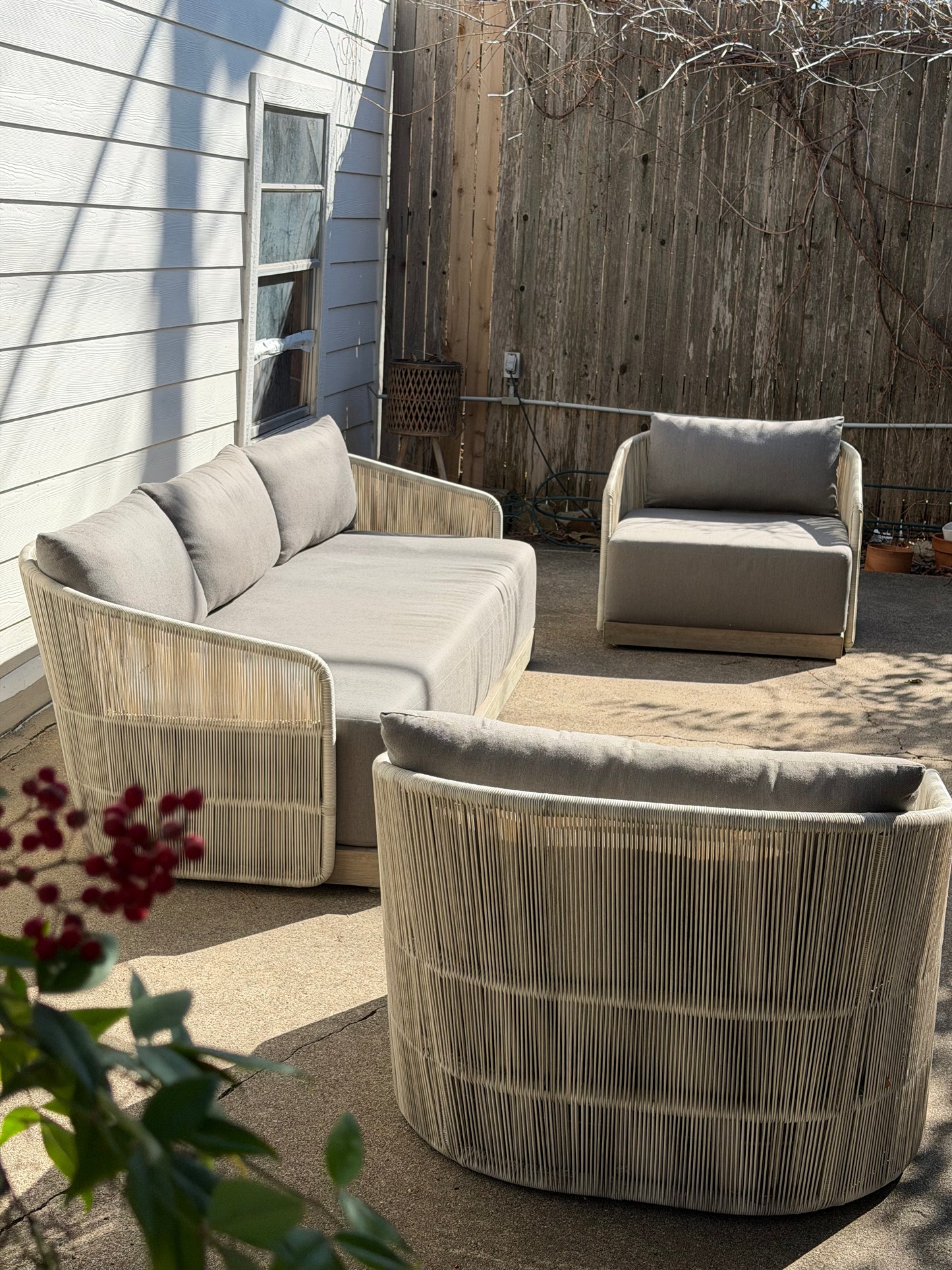 RH Havana Outdoor Set Gray Ivory Sofa Two Chairs Teak Cord Restoration Hardware