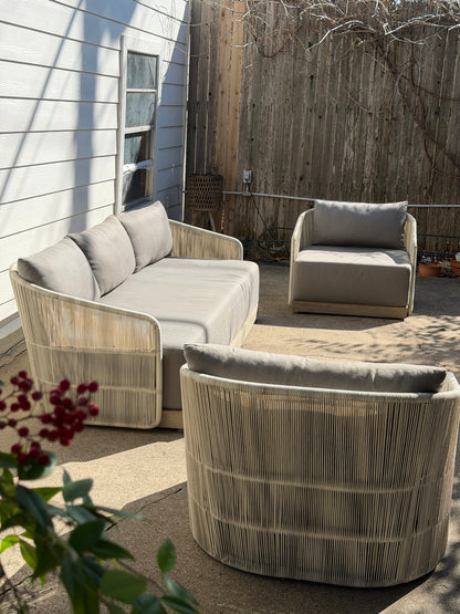 RH Havana Outdoor Set Gray Ivory Sofa Two Chairs Teak Cord Restoration Hardware