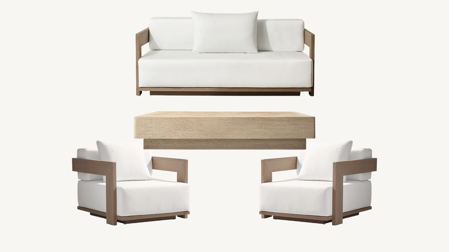 RH Mill Outdoor Set Loveseat Lounge Chairs Coffee Table RH Covers Restoration Hardware Gray Teak