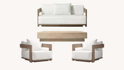 RH Mill Outdoor Set Loveseat Lounge Chairs Coffee Table RH Covers Restoration Hardware Gray Teak