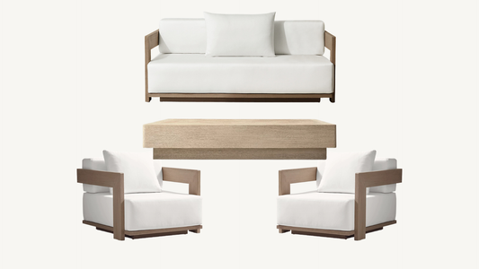 RH Mill Outdoor Set Loveseat Lounge Chairs Coffee Table RH Covers Restoration Hardware Gray Teak