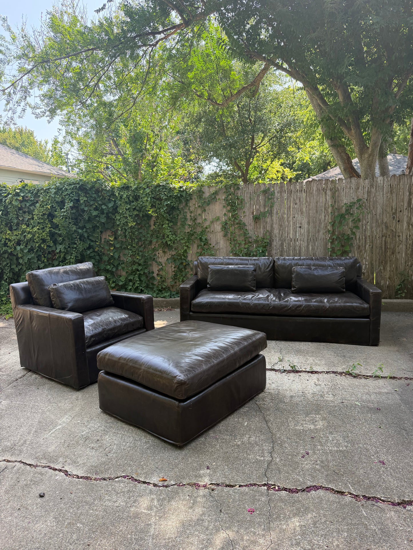 RH Belgian Track Arm Walnut Brown Leather Sofa Chair Ottoman Set Restoration Hardware