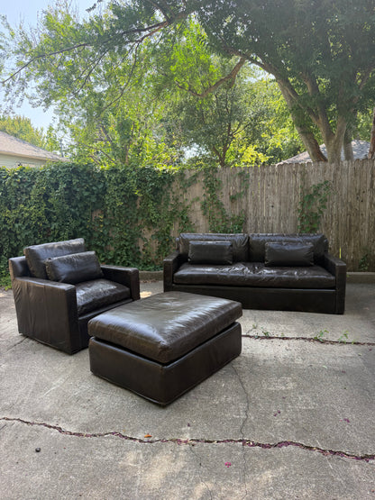 RH Belgian Track Arm Walnut Brown Leather Sofa Chair Ottoman Set Restoration Hardware