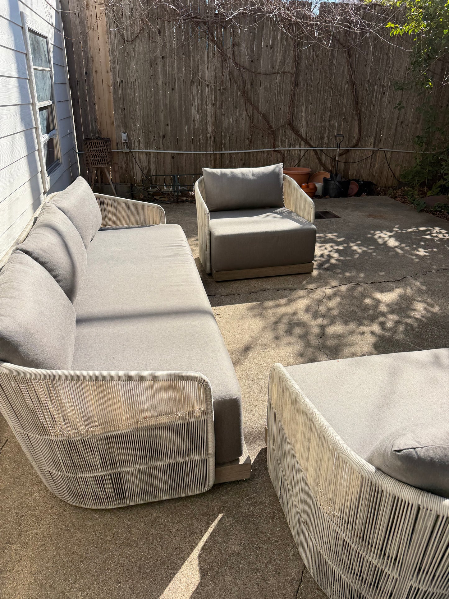 RH Havana Outdoor Set Gray Ivory Sofa Two Chairs Teak Cord Restoration Hardware