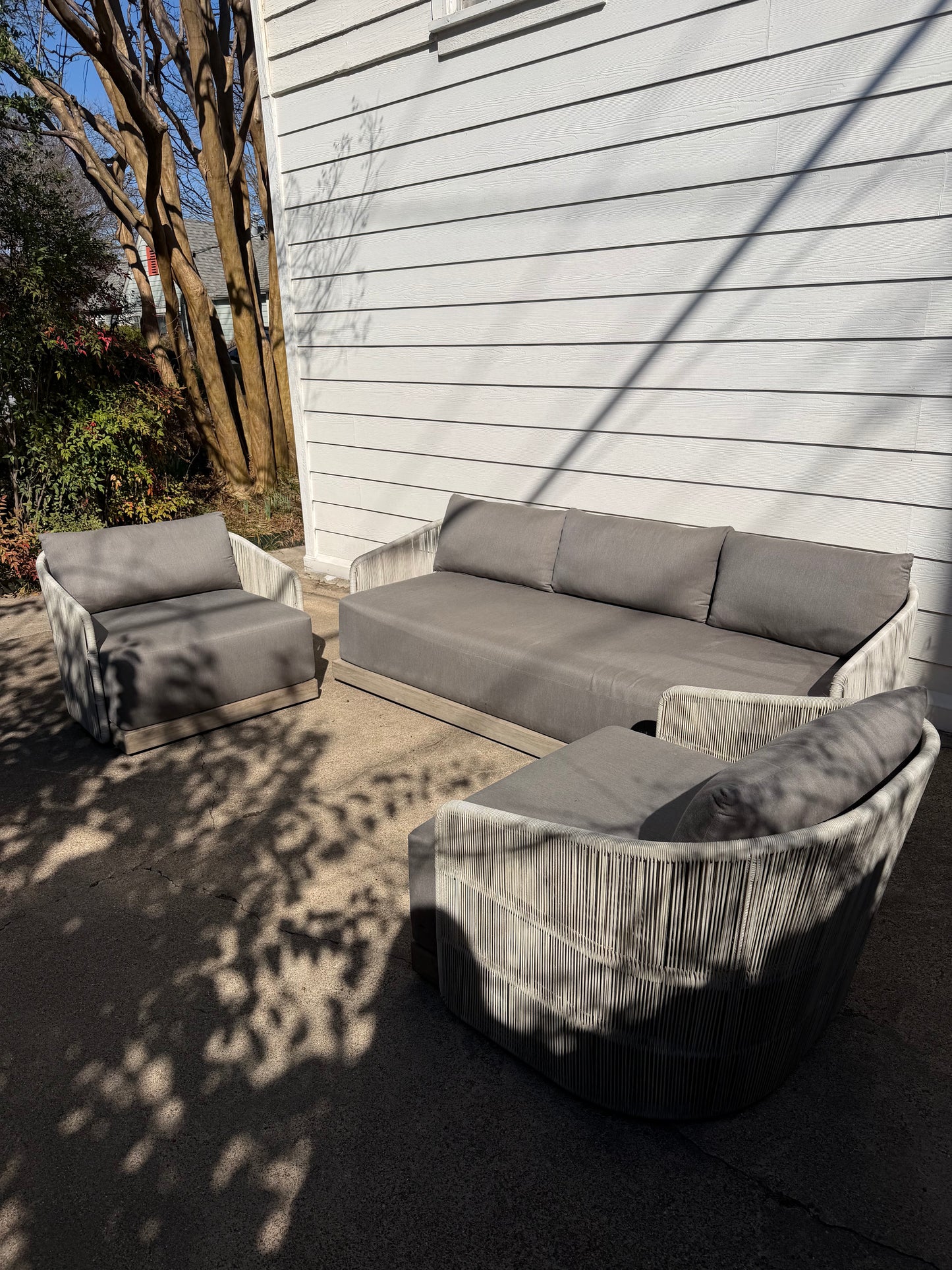 RH Havana Outdoor Set Gray Ivory Sofa Two Chairs Teak Cord Restoration Hardware