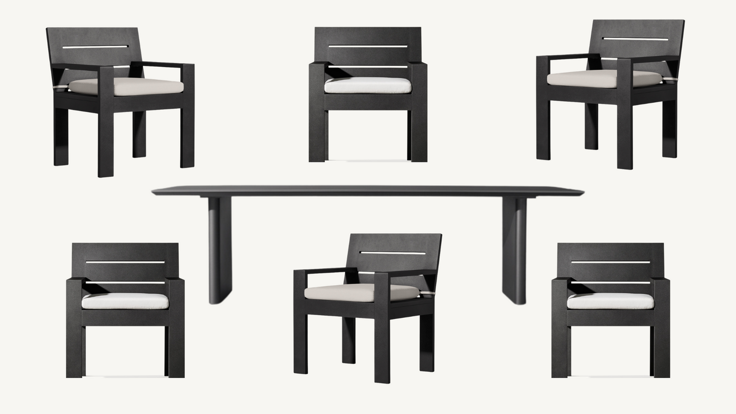 RH Outdoor Dining Set: Six Marbella Dining Chairs & Balmain 96" Dining Table