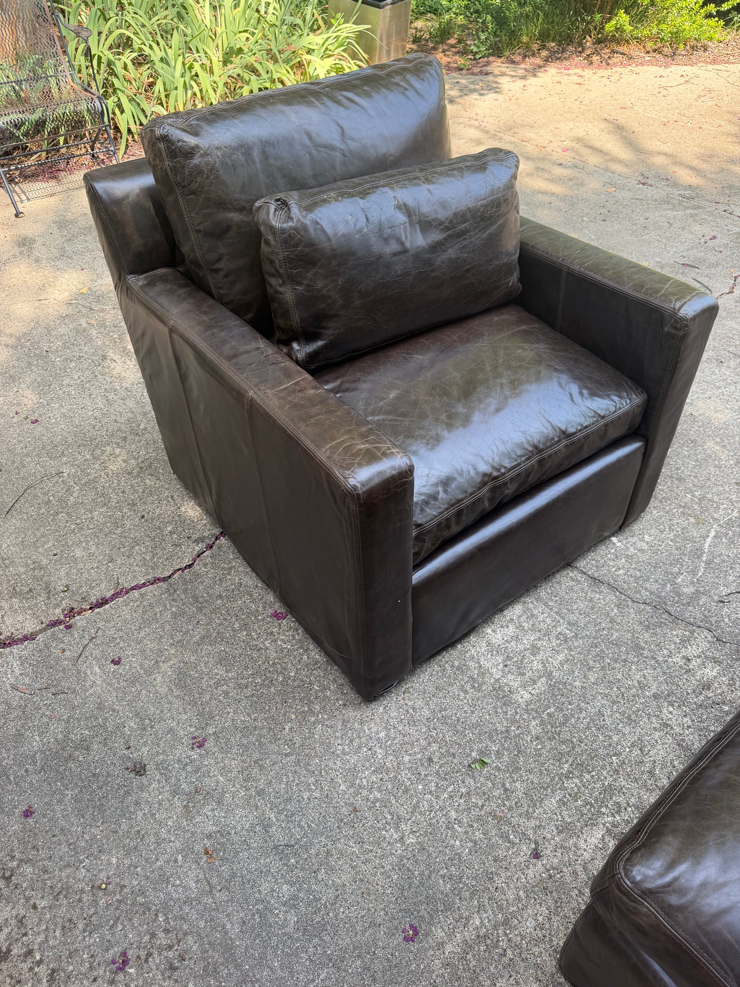 RH Belgian Track Arm Walnut Brown Leather Sofa Chair Ottoman Set Restoration Hardware
