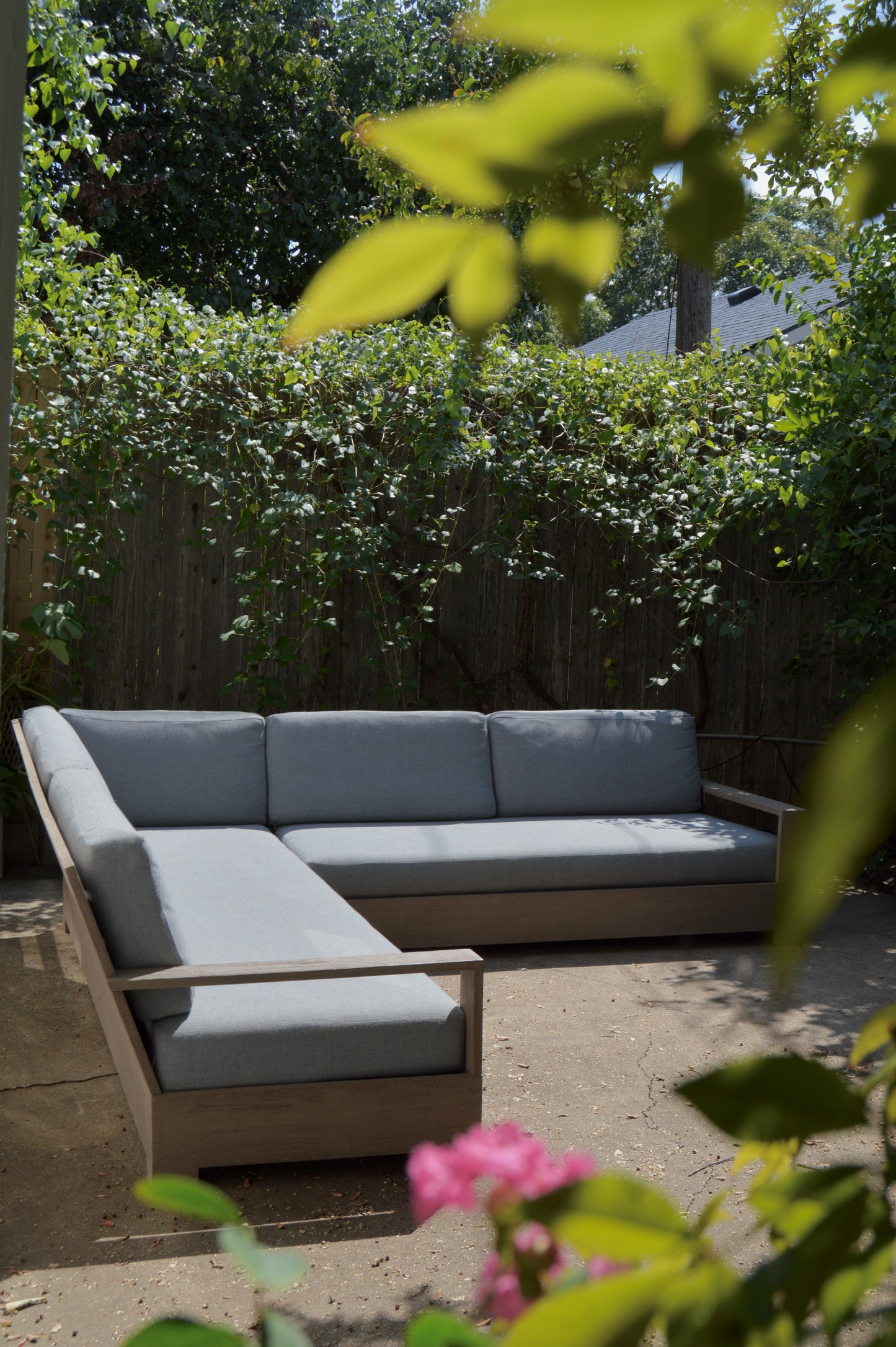 RH Belvedere Outdoor Sectional Gray Performance Fabric Weathered Teak Restoration Hardware