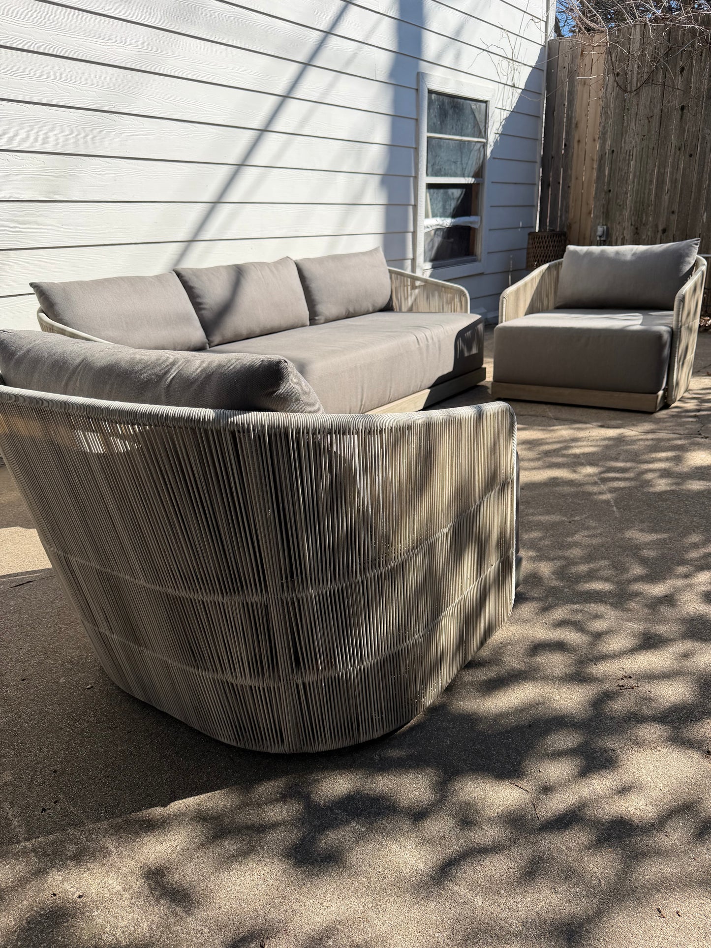 RH Havana Outdoor Set Gray Ivory Sofa Two Chairs Teak Cord Restoration Hardware