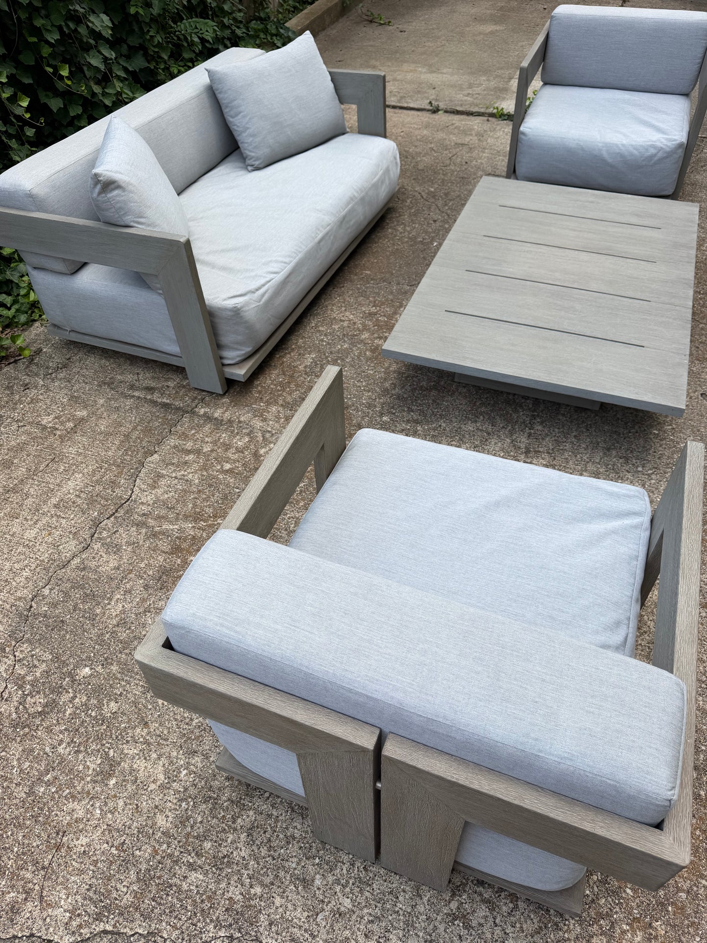 RH Mill Outdoor Set Loveseat Lounge Chairs Coffee Table RH Covers Restoration Hardware Gray Teak