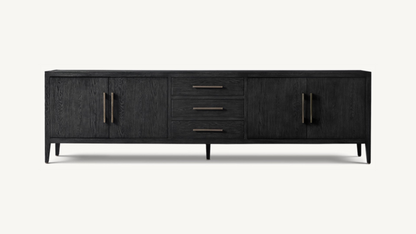 RH French Contemporary 4-Door Media Console with Drawers Black Oak/Satin Bronze Restoration Hardware