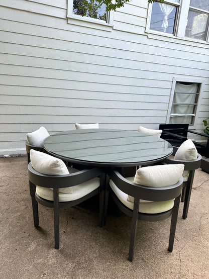 RH Balmain Outdoor Dining Set Round Table Six Chairs Custom Glass Top Restoration Hardware