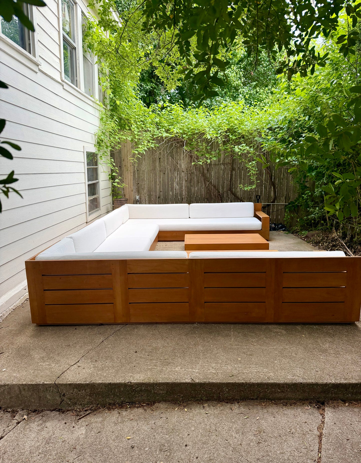 RH Marbella Teak U-Shape Outdoor Sectional with Coffee Tables White Linen Restoration Hardware