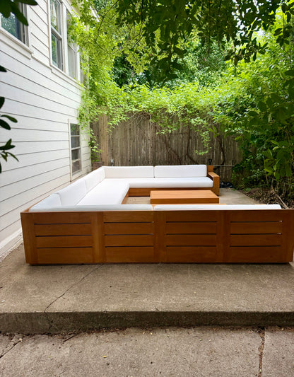RH Marbella Teak U-Shape Outdoor Sectional with Coffee Tables White Linen Restoration Hardware