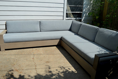 RH Belvedere Outdoor Sectional Gray Performance Fabric Weathered Teak Restoration Hardware