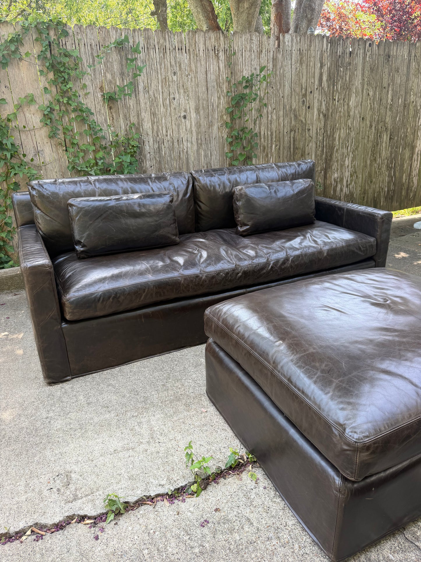 RH Belgian Track Arm Walnut Brown Leather Sofa Chair Ottoman Set Restoration Hardware