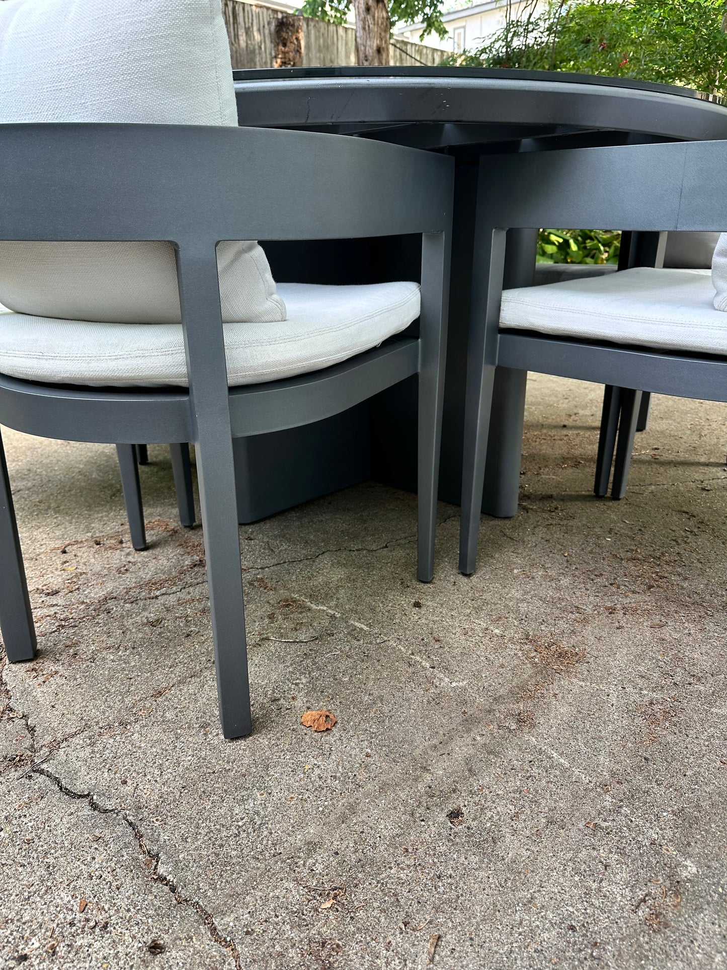 RH Balmain Outdoor Dining Set Round Table Six Chairs Custom Glass Top Restoration Hardware