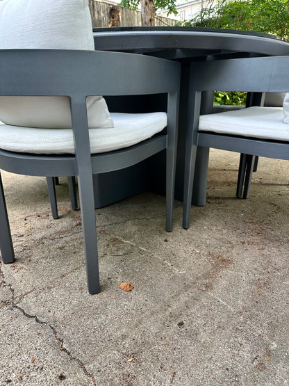 RH Balmain Outdoor Dining Set Round Table Six Chairs Custom Glass Top Restoration Hardware