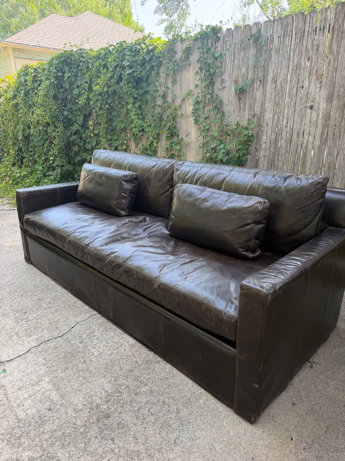 RH Belgian Track Arm Walnut Brown Leather Sofa Chair Ottoman Set Restoration Hardware