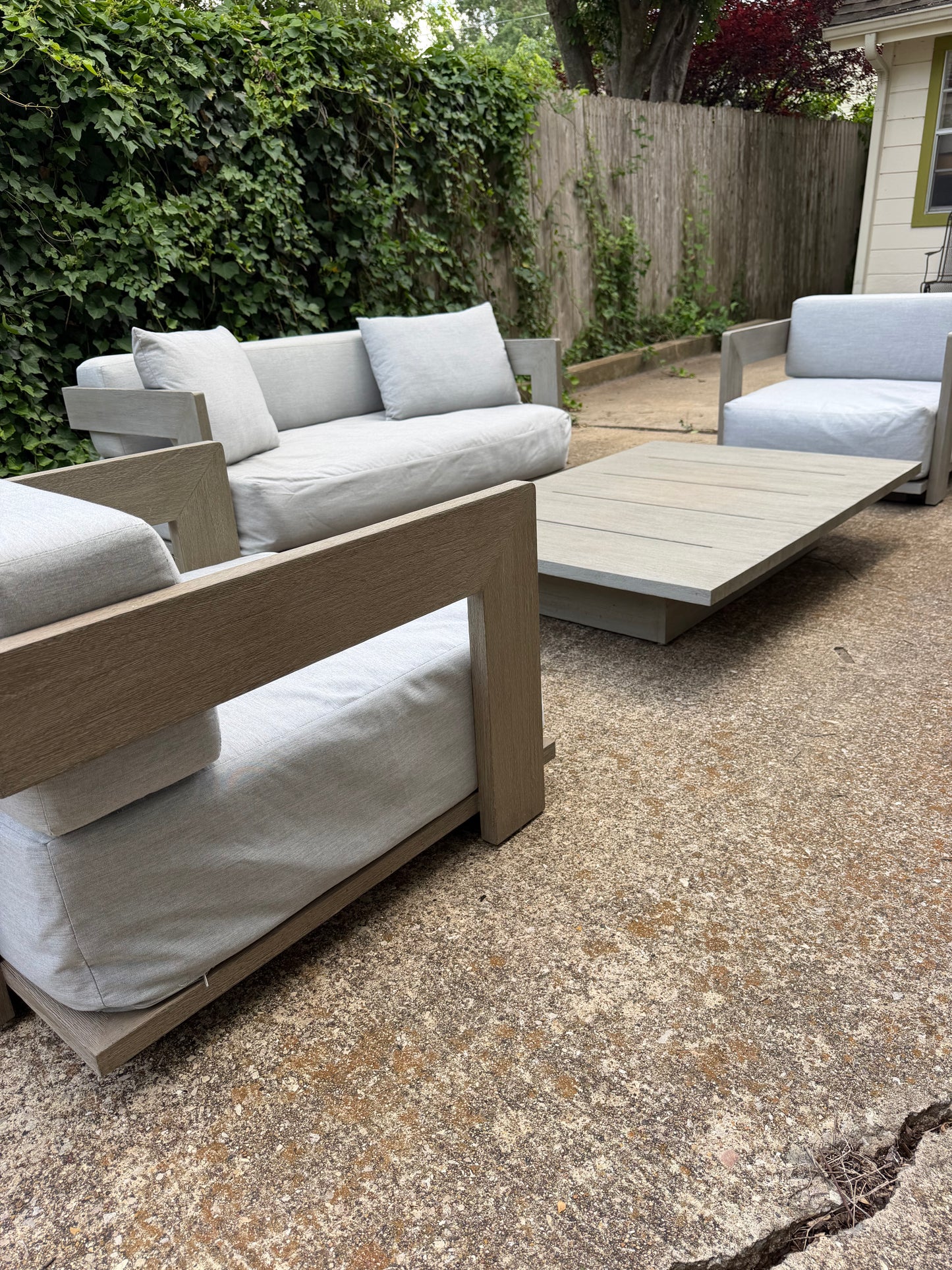 RH Mill Outdoor Set Loveseat Lounge Chairs Coffee Table RH Covers Restoration Hardware Gray Teak