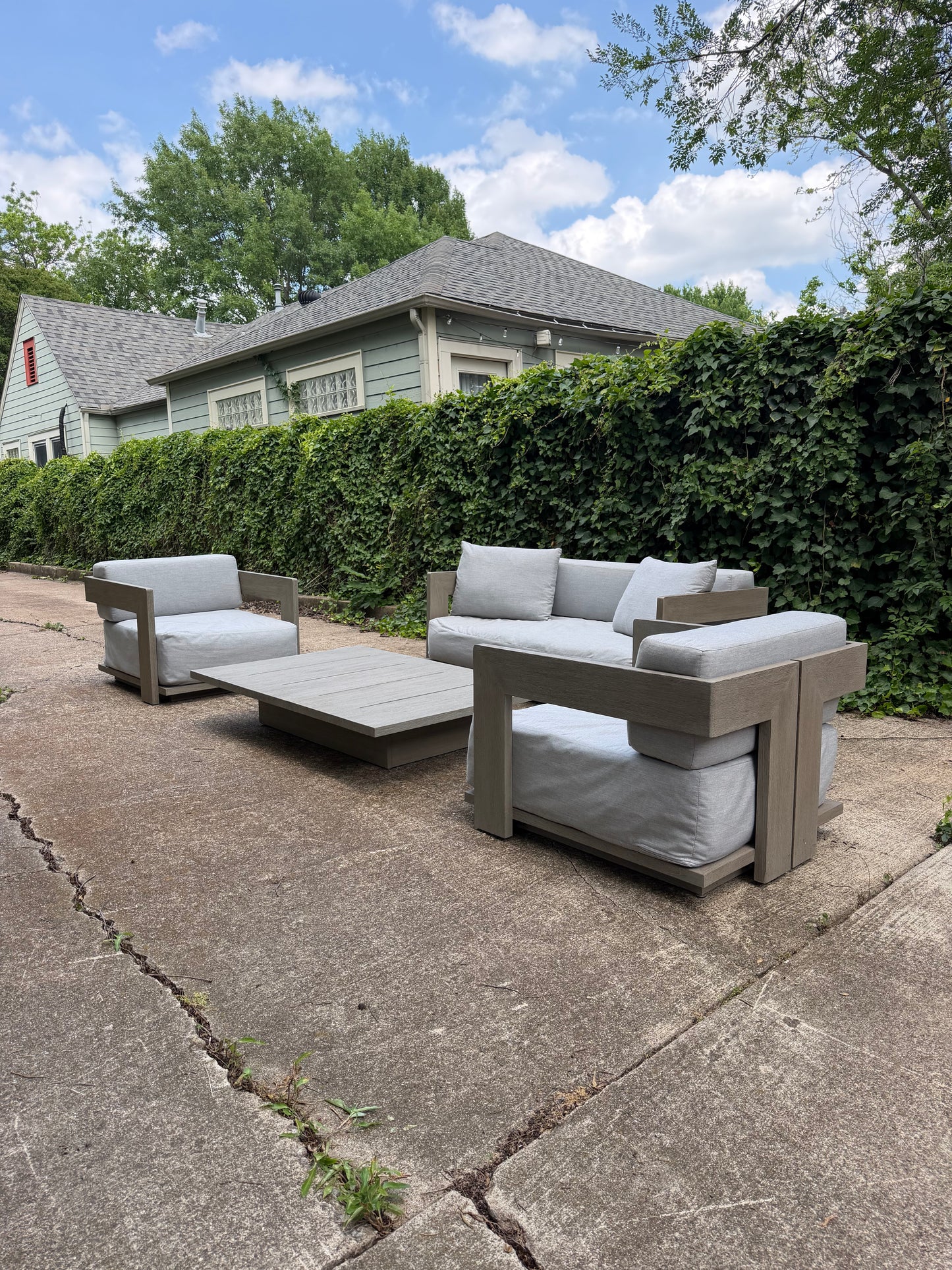 RH Mill Outdoor Set Loveseat Lounge Chairs Coffee Table RH Covers Restoration Hardware Gray Teak