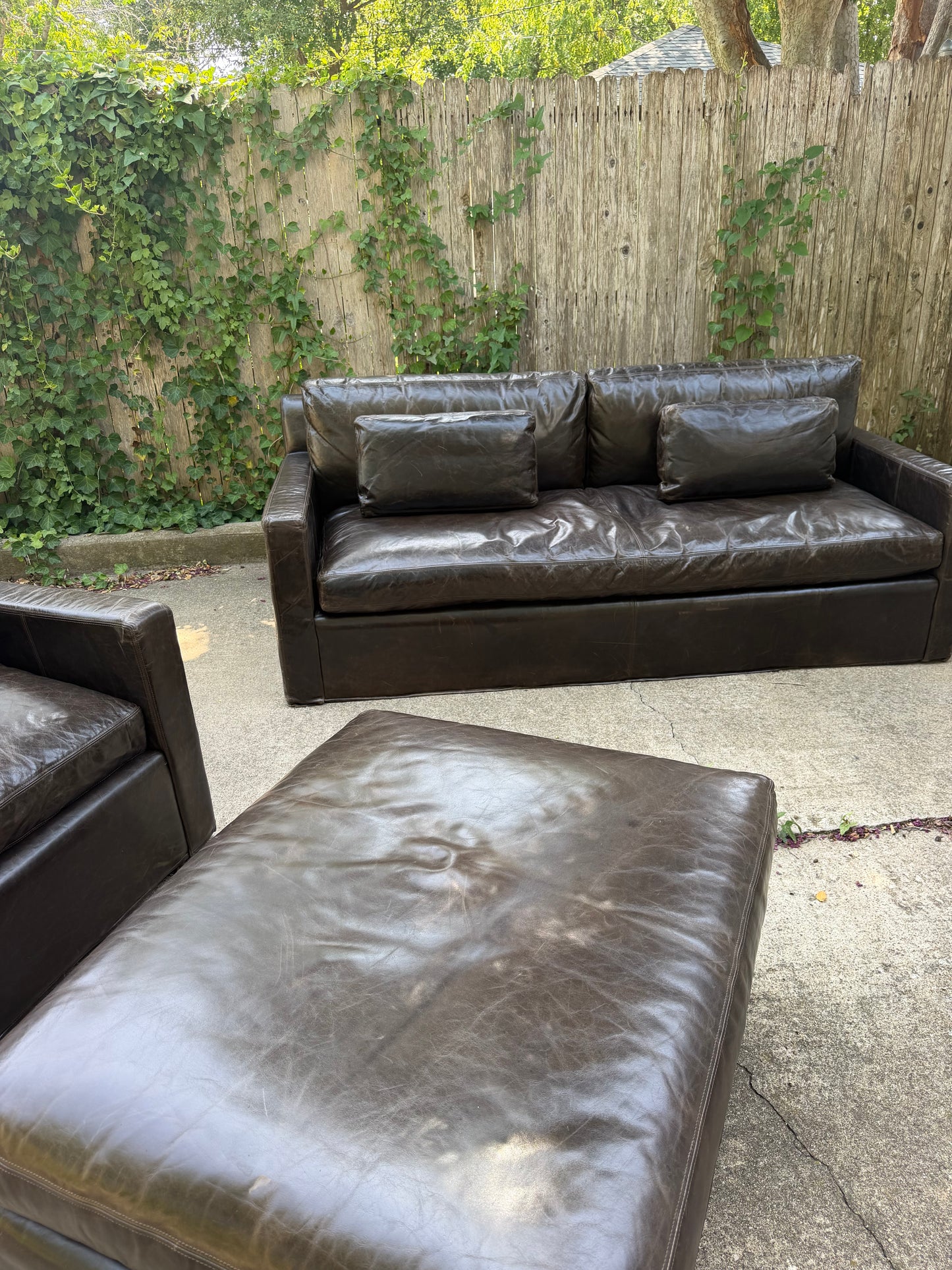 RH Belgian Track Arm Walnut Brown Leather Sofa Chair Ottoman Set Restoration Hardware