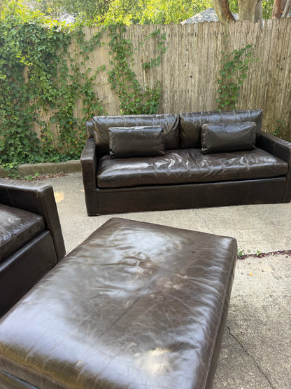 RH Belgian Track Arm Walnut Brown Leather Sofa Chair Ottoman Set Restoration Hardware