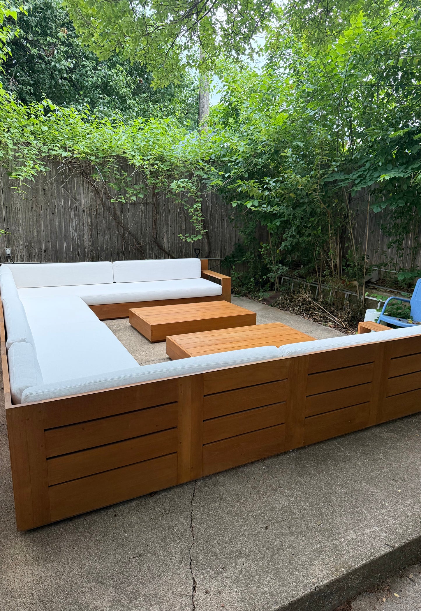 RH Marbella Teak U-Shape Outdoor Sectional with Coffee Tables White Linen Restoration Hardware