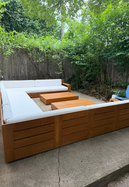 RH Marbella Teak U-Shape Outdoor Sectional with Coffee Tables White Linen Restoration Hardware