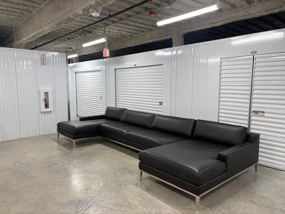 RH Italia Leather Track Arm U-Chaise Sectional Like New Black Ebony Leather Restoration Hardware