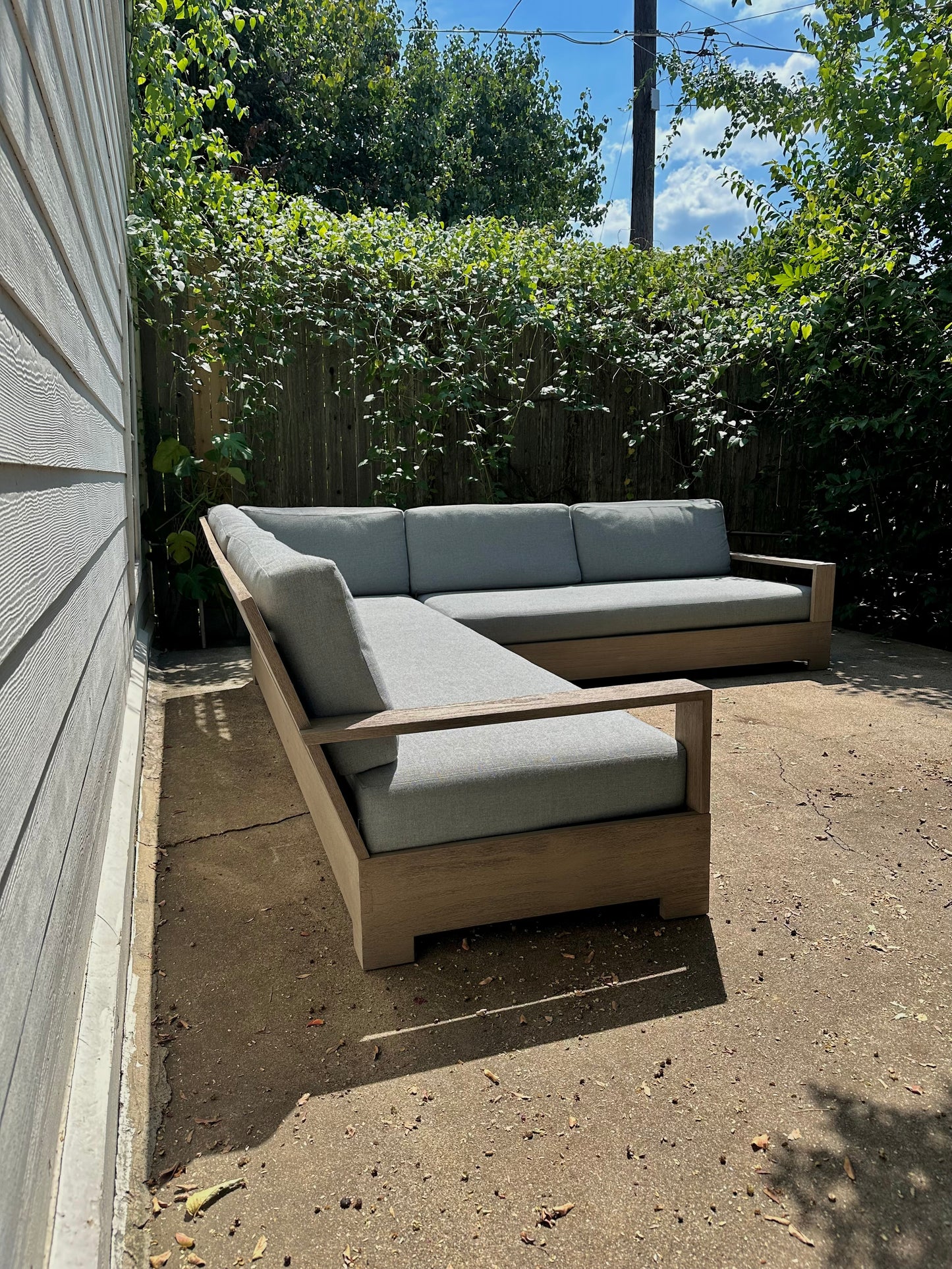 RH Belvedere Outdoor Sectional Gray Performance Fabric Weathered Teak Restoration Hardware