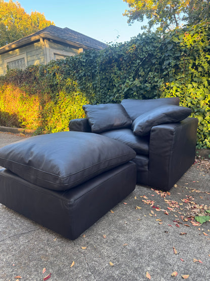 RH Leather Cloud Chair and Ottoman Set Dark Brown