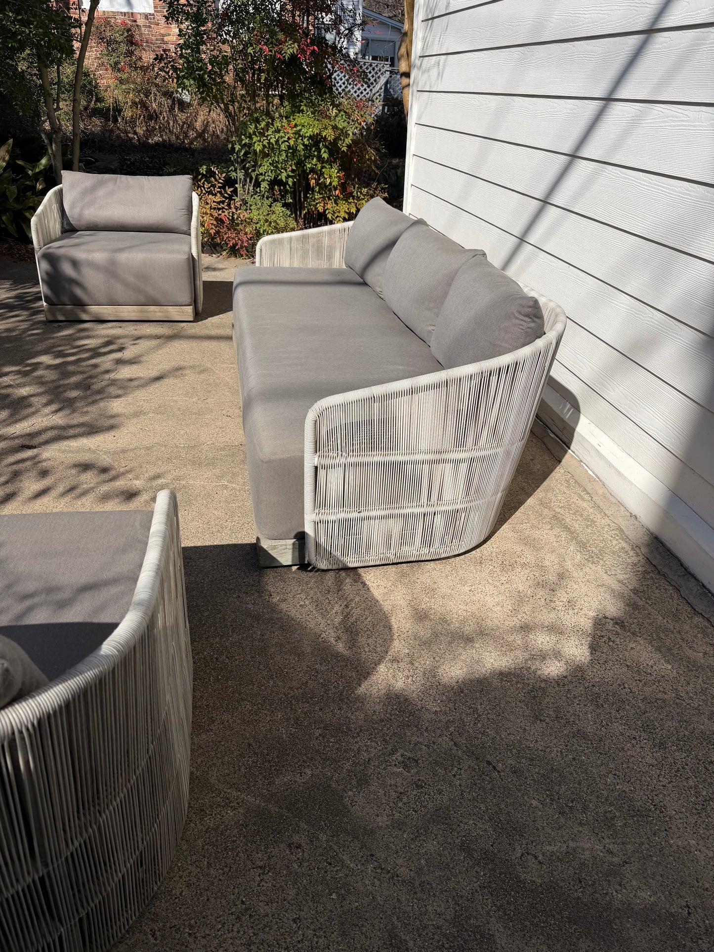 RH Havana Outdoor Set Gray Ivory Sofa Two Chairs Teak Cord Restoration Hardware