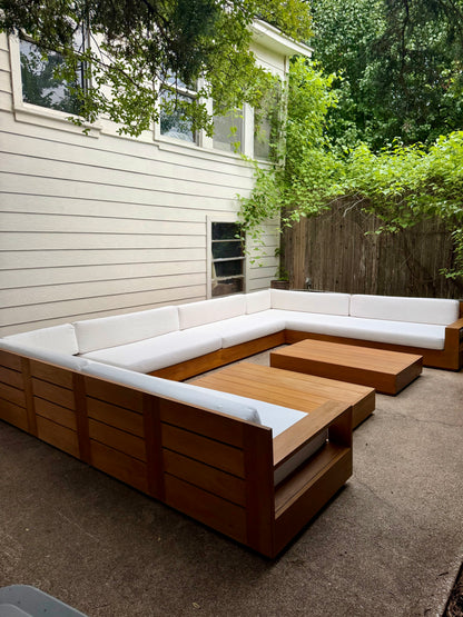 RH Marbella Teak U-Shape Outdoor Sectional with Coffee Tables White Linen Restoration Hardware