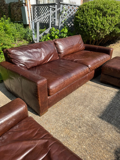 RH Maxwell Living Room Set Leather Sofa Chair Ottoman Restoration Hardware Brown