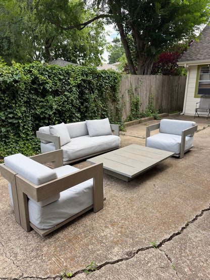 RH Mill Outdoor Set Loveseat Lounge Chairs Coffee Table RH Covers Restoration Hardware Gray Teak