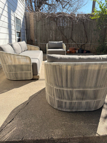 RH Havana Outdoor Set Gray Ivory Sofa Two Chairs Teak Cord Restoration Hardware