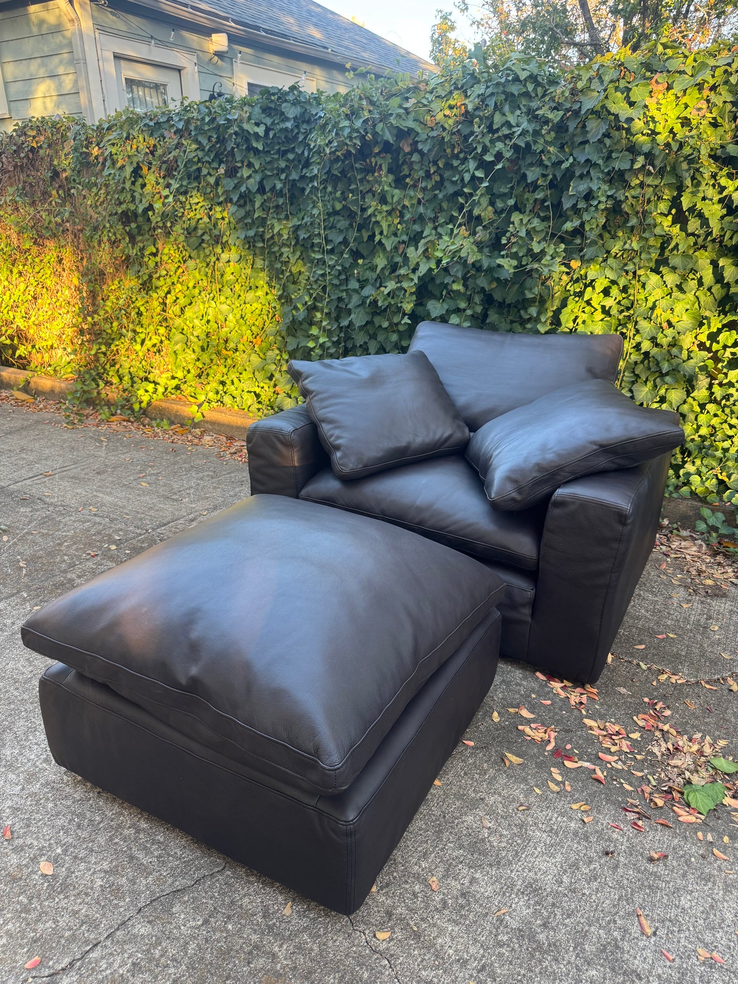 RH Leather Cloud Chair and Ottoman Set Dark Brown