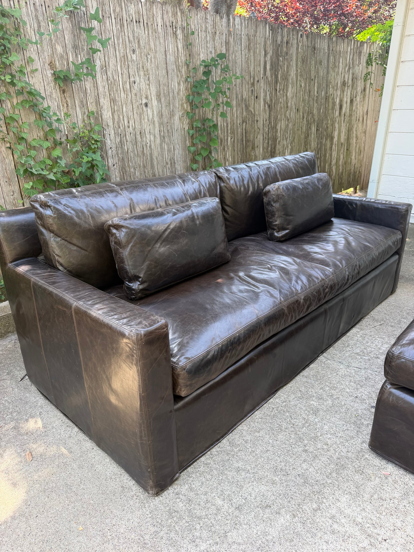 RH Belgian Track Arm Walnut Brown Leather Sofa Chair Ottoman Set Restoration Hardware