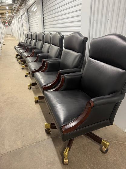 Rare Ross Perot EDS Boardroom Black Leather Executive Swivel Chairs Set of 8