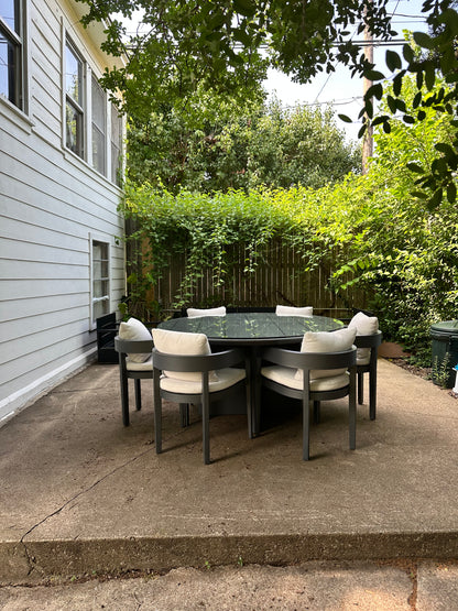 RH Balmain Outdoor Dining Set Round Table Six Chairs Custom Glass Top Restoration Hardware
