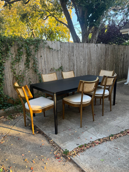 Perigold Dining Set with Black Ethnicraft Bok Oak Table 79” + Four Hands Britt Chairs Set of Six Light Wood with Cane