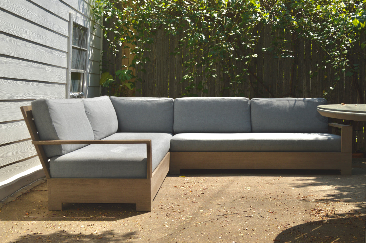 RH Belvedere Outdoor Sectional Gray Performance Fabric Weathered Teak Restoration Hardware