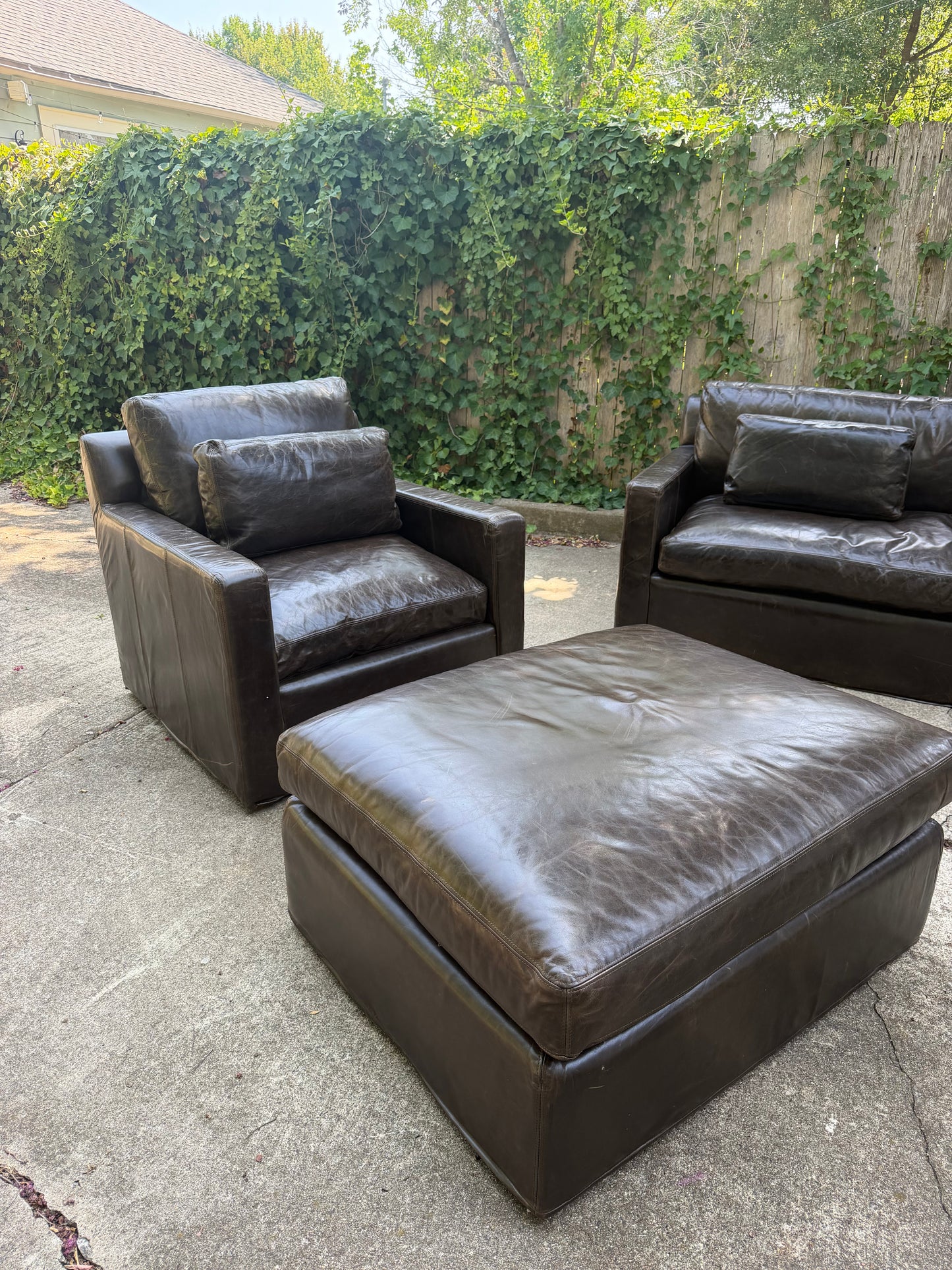 RH Belgian Track Arm Walnut Brown Leather Sofa Chair Ottoman Set Restoration Hardware