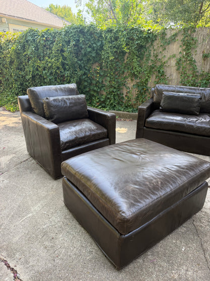 RH Belgian Track Arm Walnut Brown Leather Sofa Chair Ottoman Set Restoration Hardware